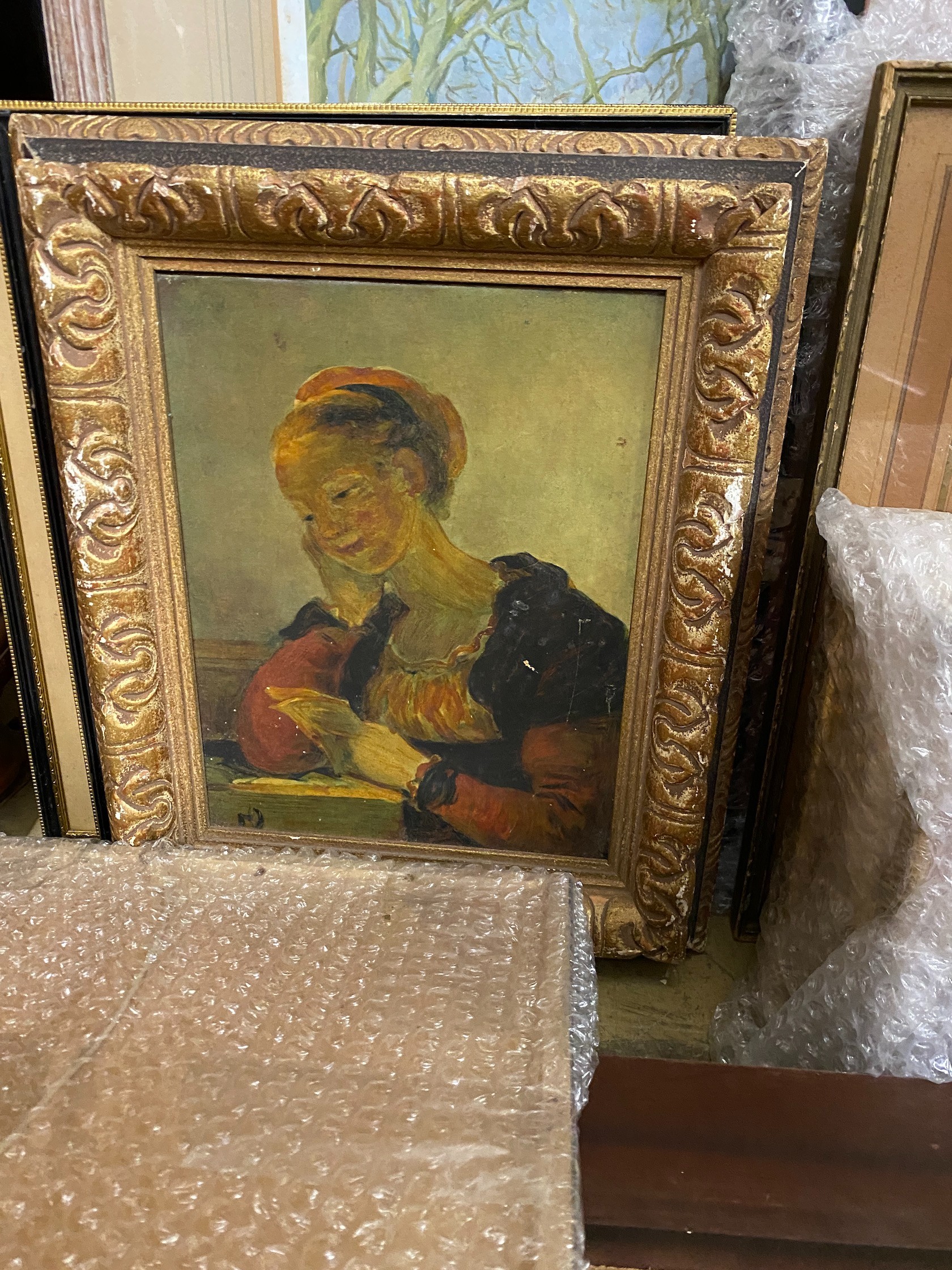 A collection of assorted oils, watercolours and prints and a rectangular wall mirror